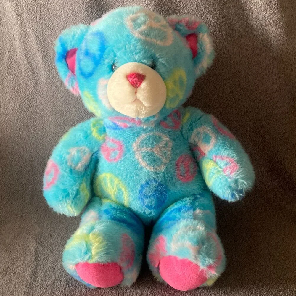 Build A Bear 14” Light Blue Peace Sign Bear Plush